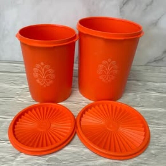Vintage Set of 2 Tupperware Servalier Canister Containers Harvest Orange - Picture 1 of 9